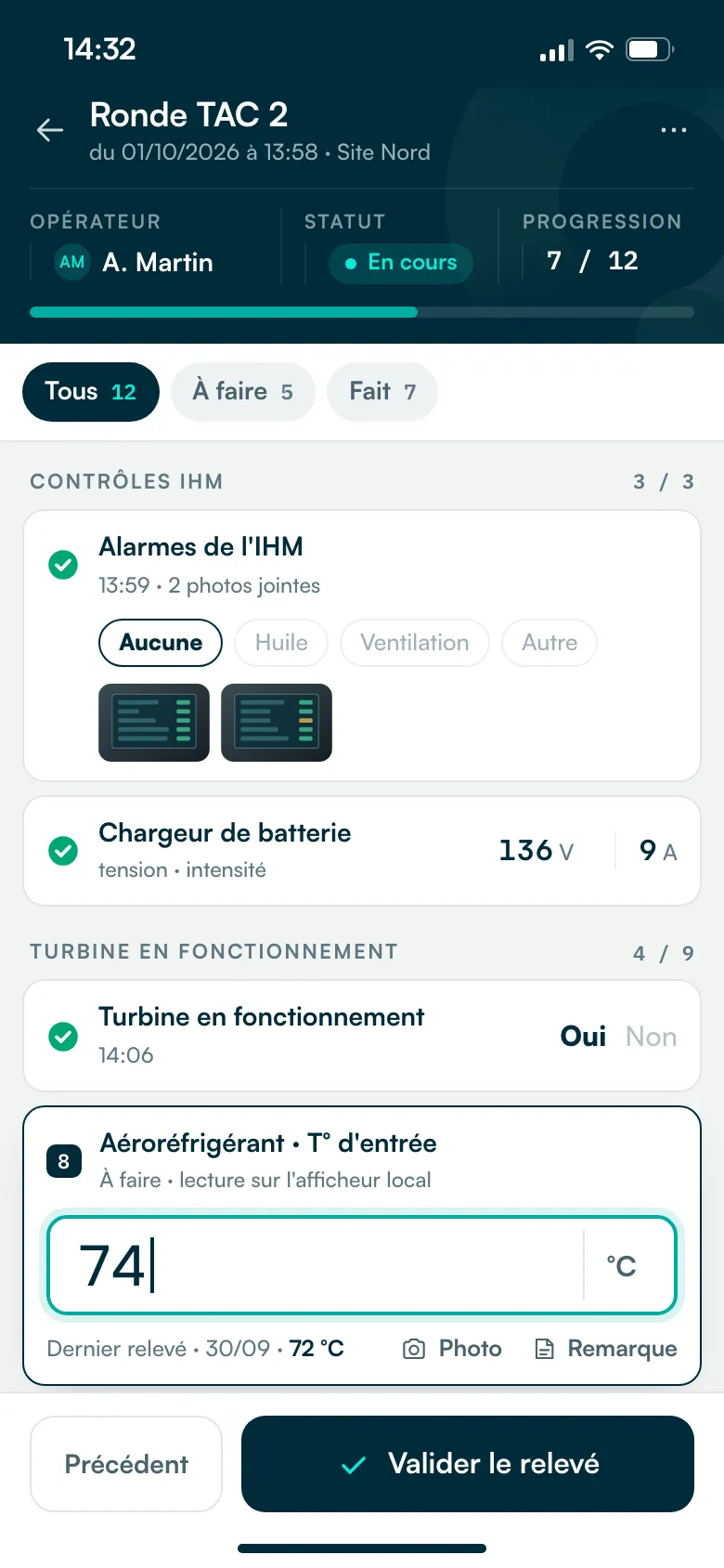 Mobapi.EYE sur téléphone : ronde d’une turbine en cours, 7 relevés sur 12, saisie d’une température.